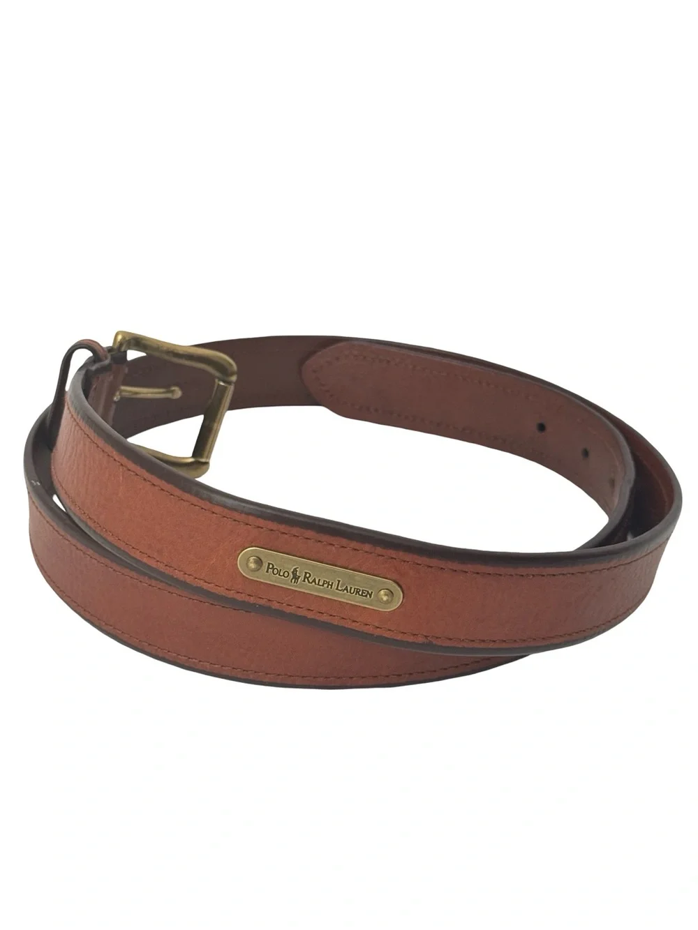 Polo by Ralph Lauren Vintage Tan Leather Men's Belt with Brass Logo Nameplate